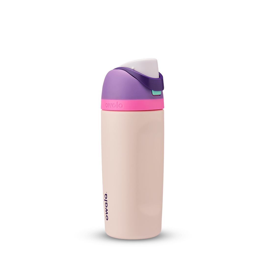 Owala 16oz pink and purple kids' freesip water bottle.