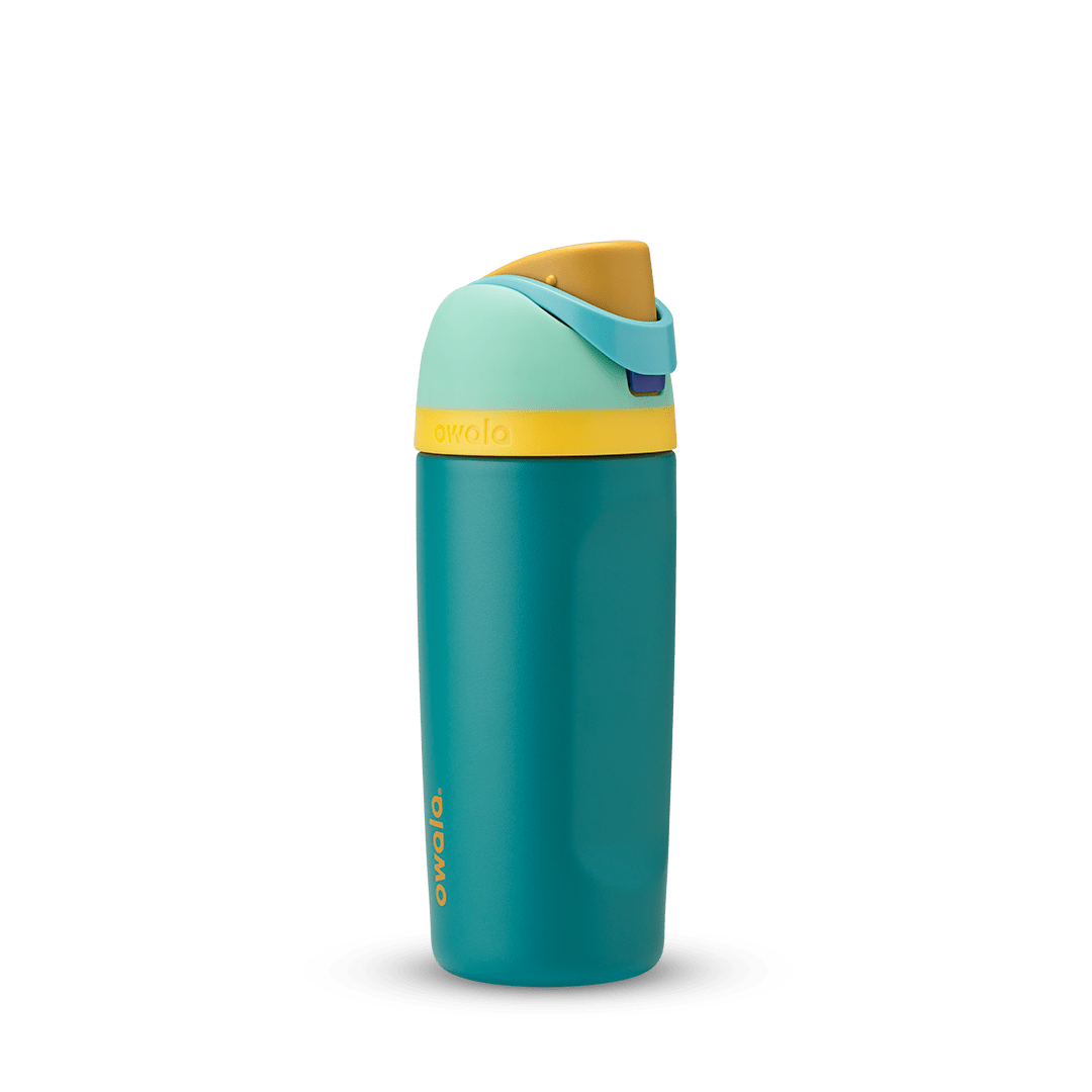 Owala blue and yellow 16oz kids' freesip water bottle.